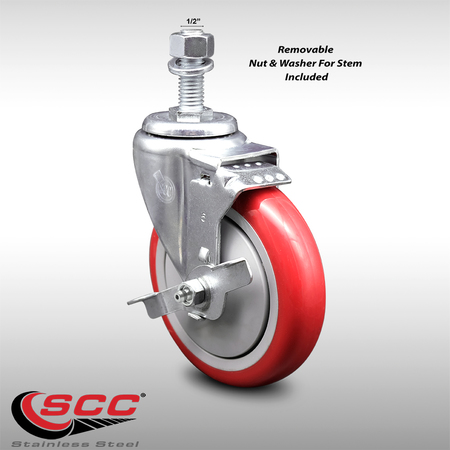 Service Caster 5 Inch SS Red Polyurethane Wheel Swivel ½ Inch Threaded Stem Caster with Brake SCC-SSTS20S514-PPUB-RED-TLB-121315